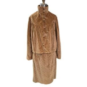 Vtg 80s Sandy Chrysler California High Neck Skirt Suit Plush Brown Confetti M/L